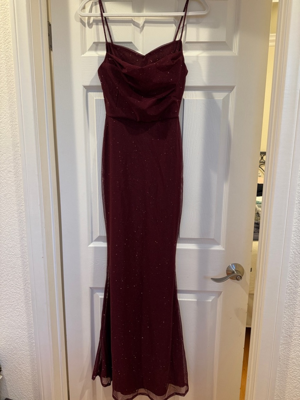 Windsor Sparkle Burgundy formal Dress with Spaghetti Straps